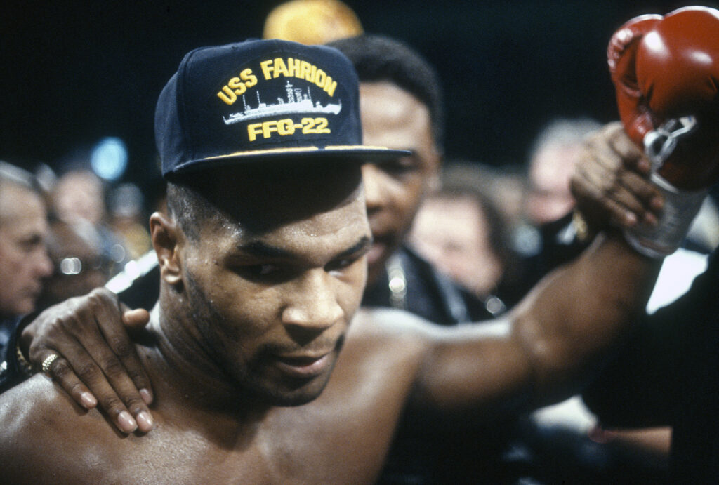 Mike Tyson celebrates his win over Alex Stewart in their heavyweight championship fight in 1980 at the Convention Hall in Atlantic City