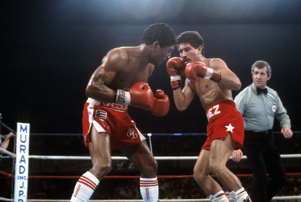 Wilfredo Gomez fights Juan Laporte in their 1985 WBC featherweight title fight in San Juan, Puerto Rico