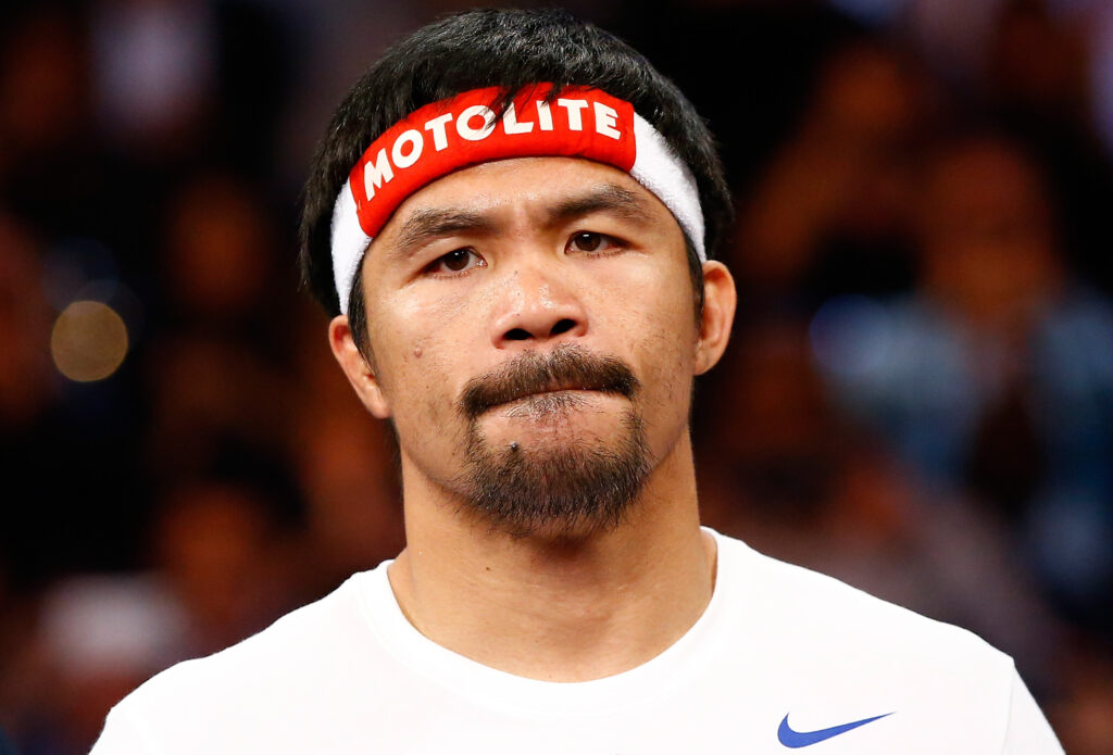 Manny Pacquiao in the ring before his welterweight title fight with Floyd Mayweather in 2015