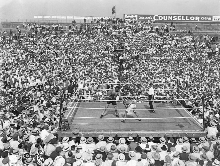 (Original Caption) 7/4/1919-Toledo, OH: Jess Willard-Jack Dempsey fight, Toledo, OH, July 4, 1919. Fight in which Dempsey first took the Heavyweigh...