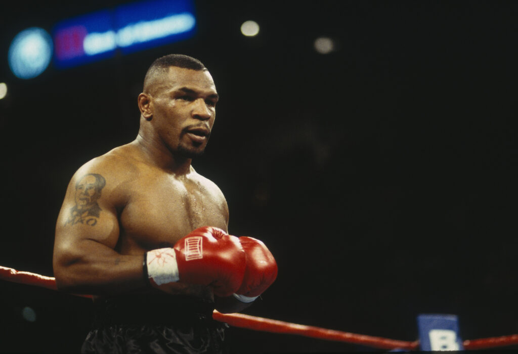 Mike Tyson in the ring during his heavyweight title fight with Evander Holyfield in 1996