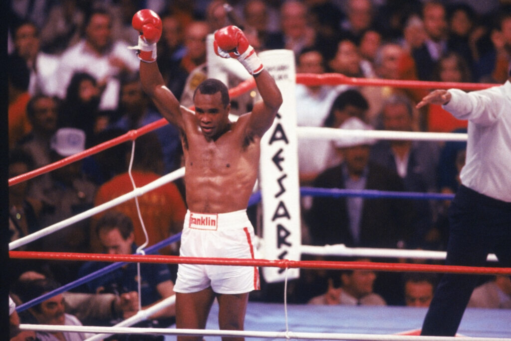 Sugar Ray Leonard celebrates after his knockout win over Thomas Hearns in September, 1981