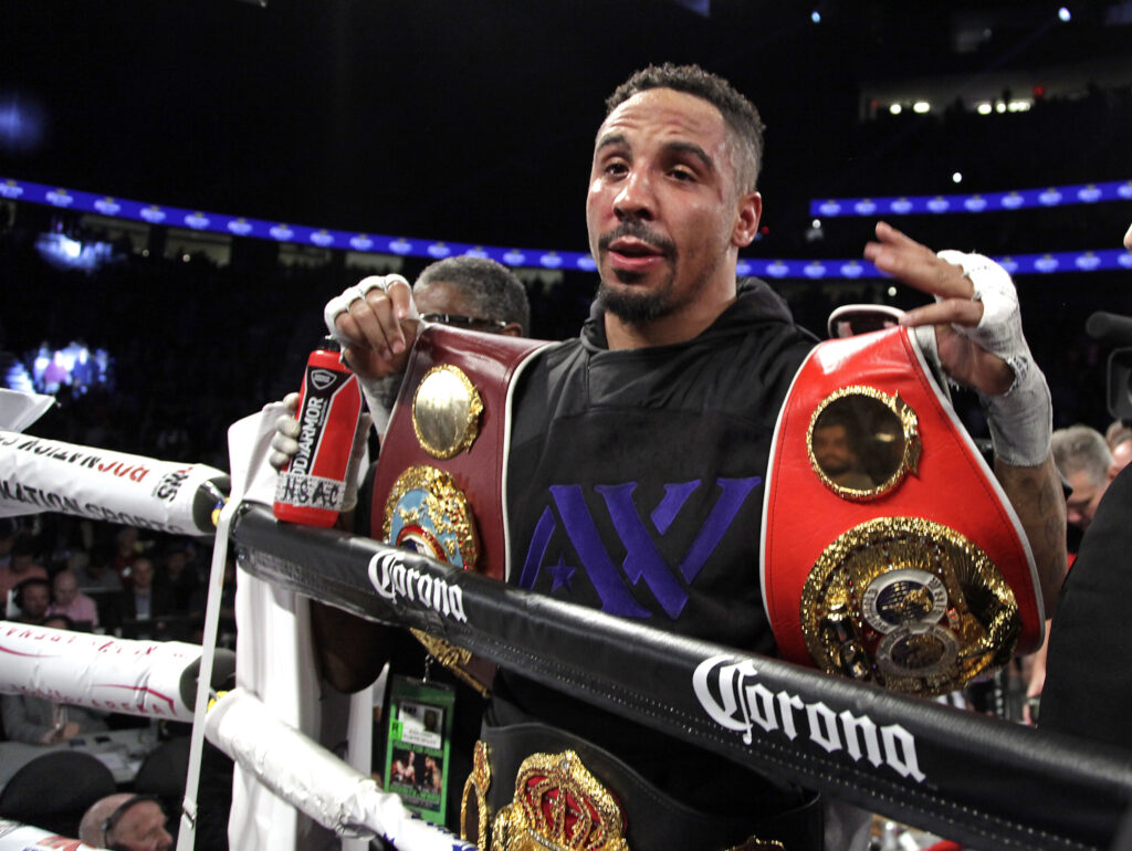 Andre Ward celebrates his unanimous decision win over Sergey Kovalev in their light heavyweight title fight in 2016