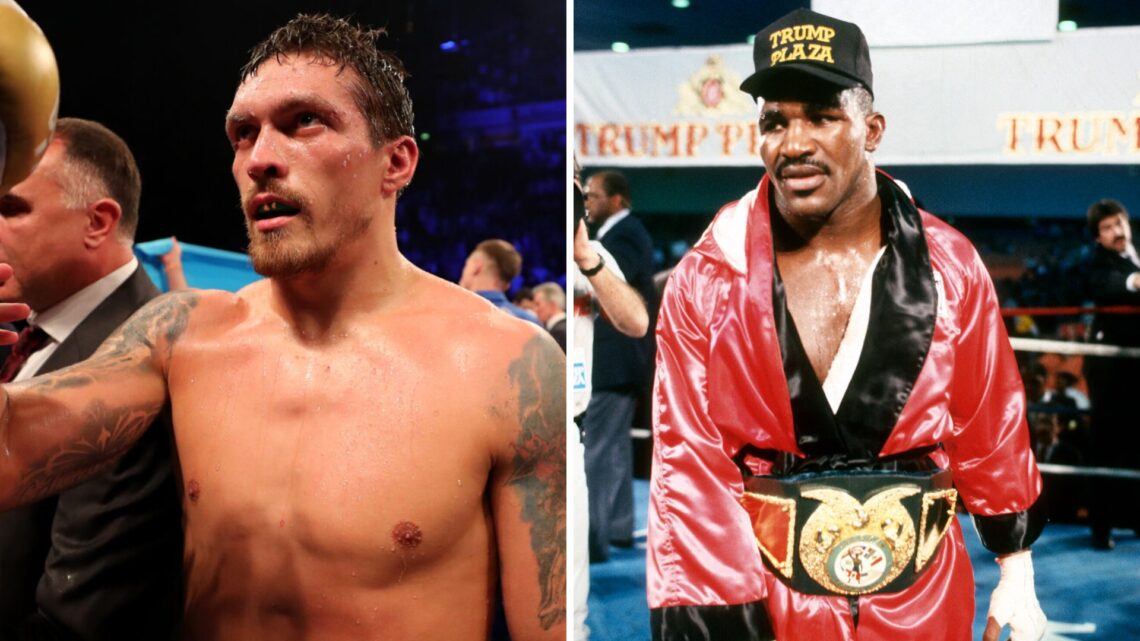 Left: Oleksandr Usyk celebrates after his knockout win over Tony Bellew in 2018. Right: Evander Holyfield in the ring after his knockout win over A...