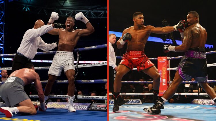 Anthony Joshua celebrates in the ring after knocking down Wladimir Klitschko and Anthony Joshua lands a left jab on Dillian Whyte during their 2015...