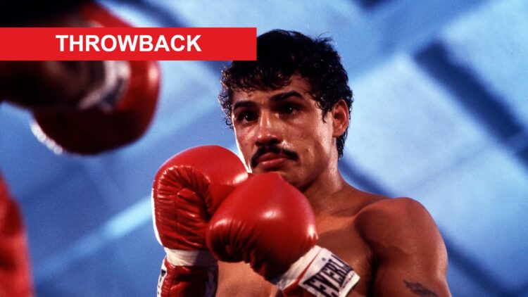 Alexis Argüello holds his hands up during a1978 fight at Caesars Palace, with a red rectangle labelled "Throwback" in the top left hand corner