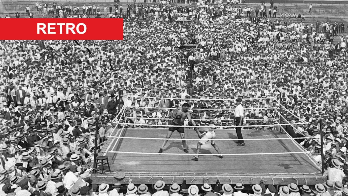 Jack Dempsey clashes with Jess Willard during their 1919 fight