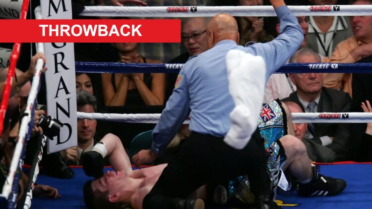 Ricky Hatton is knocked out on the mat during his fight against Floyd Mayweather in 2007, with a red rectangle labeled "throwback" in the top left ...