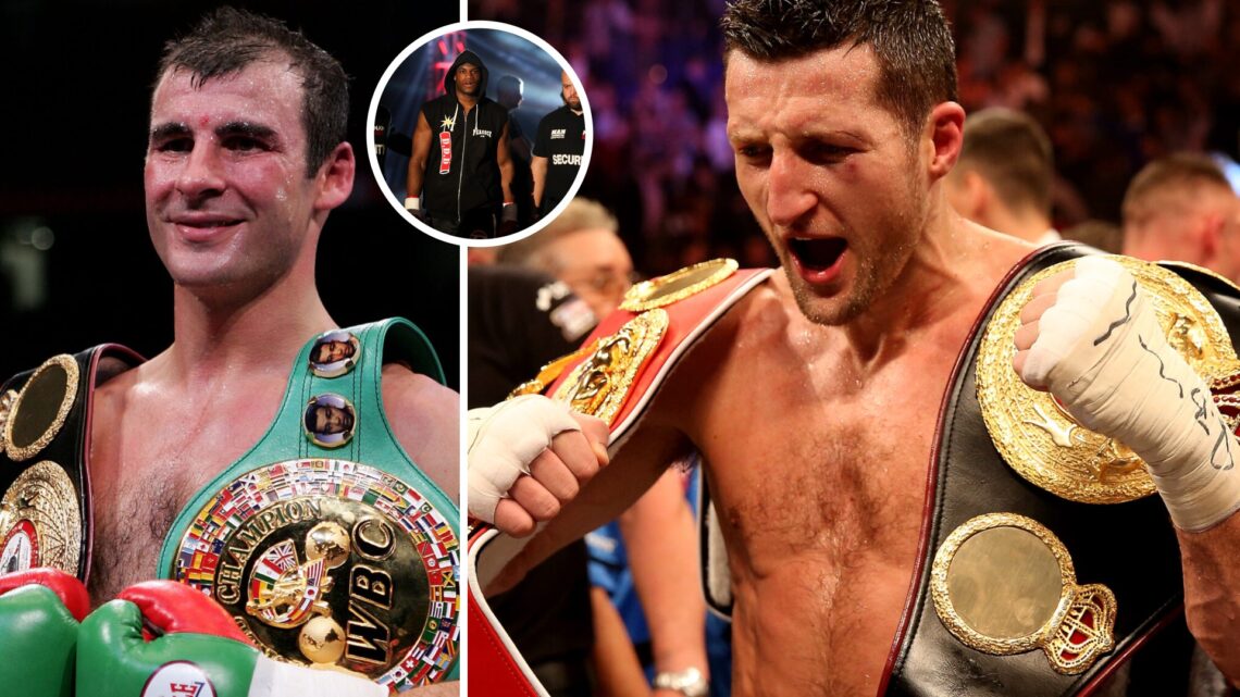 Left: Joe Calzaghe celebrates his middleweight title fight win over Mikkel Kessler at Millennium Stadium in Cardiff, Wales. Inset: Daniel Dubois ma...