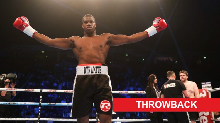 Daniel Dubois with his arms outstretched in the ring, facing the camera while celebrating a knockout win in 2017, with a red rectangle labeled "thr...