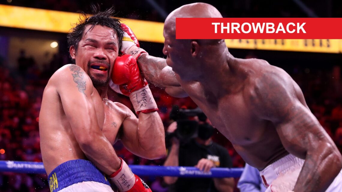 Manny Pacquiao is stunned by Yordenis Ugas' right hand during their 2021 fight with a red rectangle labeled throwback in the top right corner