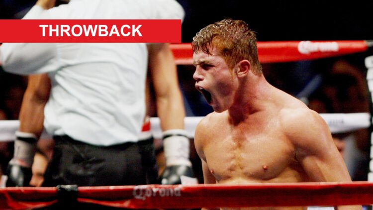 Canelo Alvarez screams after knocking down Ryan Rhodes in the 2011 fight as the referee holds the fighter back in the background, with a red rectan...