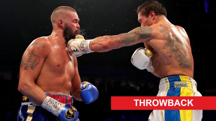Oleksandr Usyk hits a strong left hand into the face of Tony Bellew as sweat and spit spray everywhere, with a red rectangle labeled "throwback" in...