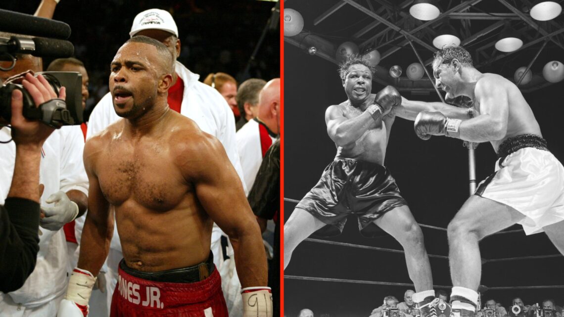 Roy Jones Jr talks to the camera after his win against Glen Kelly and Archie Moore punches Rocky Marciano before being knocked out by the undefeate...