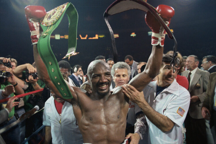 (Original Caption) New York, New York: Marvin Hagler vs. Mustafa Hamstro Fight. Madison Square Garden, World Middleweight title fight. Hagler won w...
