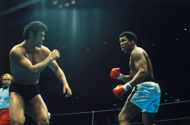 (Original Caption) The Wrestling-Boxing Exhibition Fight between Muhammad Ali and Japanese wrestler Antonio Inoki. Ali and Inoki fought 15-rounds e...