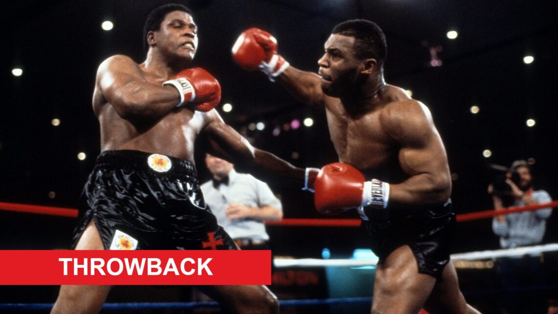 Mike Tyson throws a left hook at Trevor Berbick during their 1986 title fight