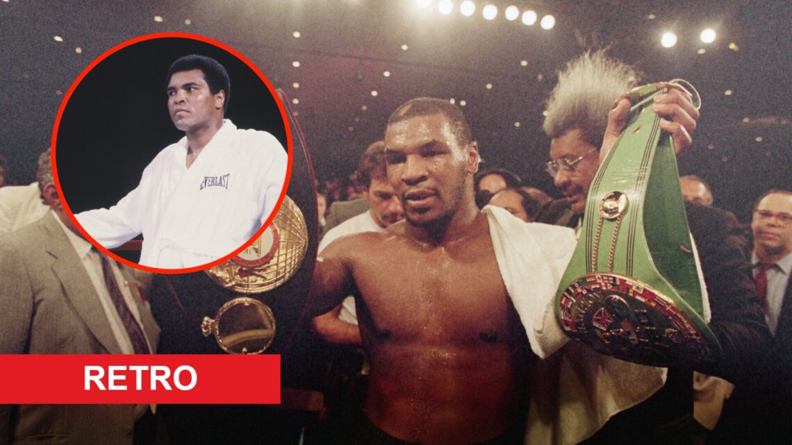 Insert: Muhammad Ali stares down an opponent in his corner ahead of a boxing match Center Mike Tyson celebrates in the ring after his heavyweight t...