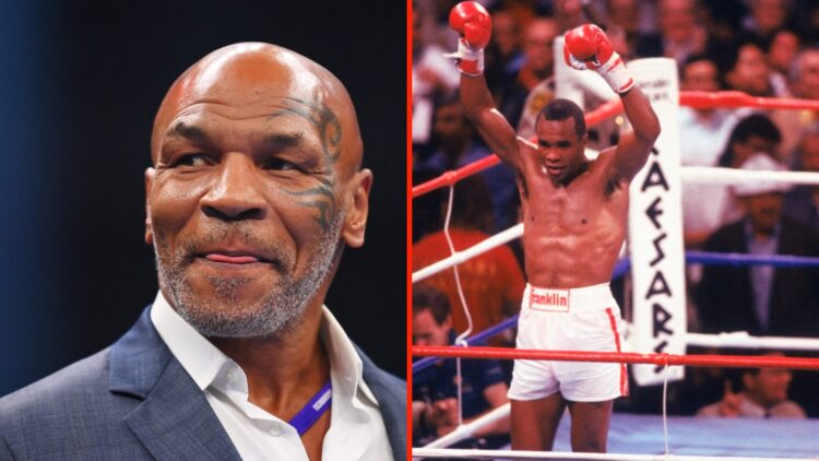 Mike Tyson attends the heavyweight fight between Tyson Fury and Francis Ngannou in 2023 in Saudi Arabia and Sugar Ray Leonard celebrates after his ...