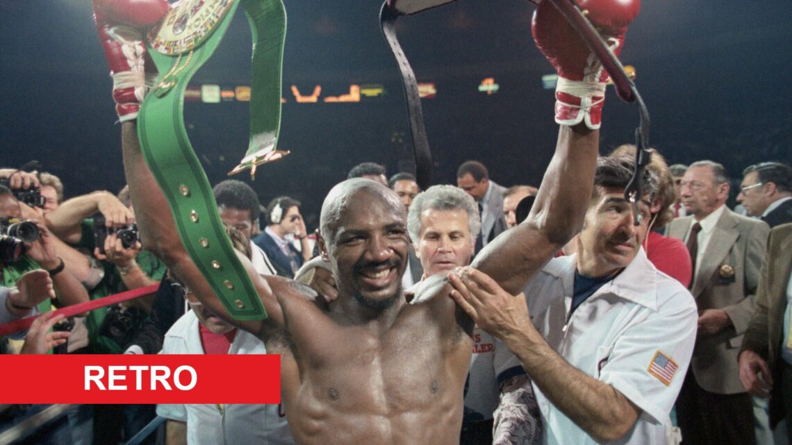 Marvelous Marvin Hagler celebrates in the ring after his middleweight title fight win over Mustafa Hamsho