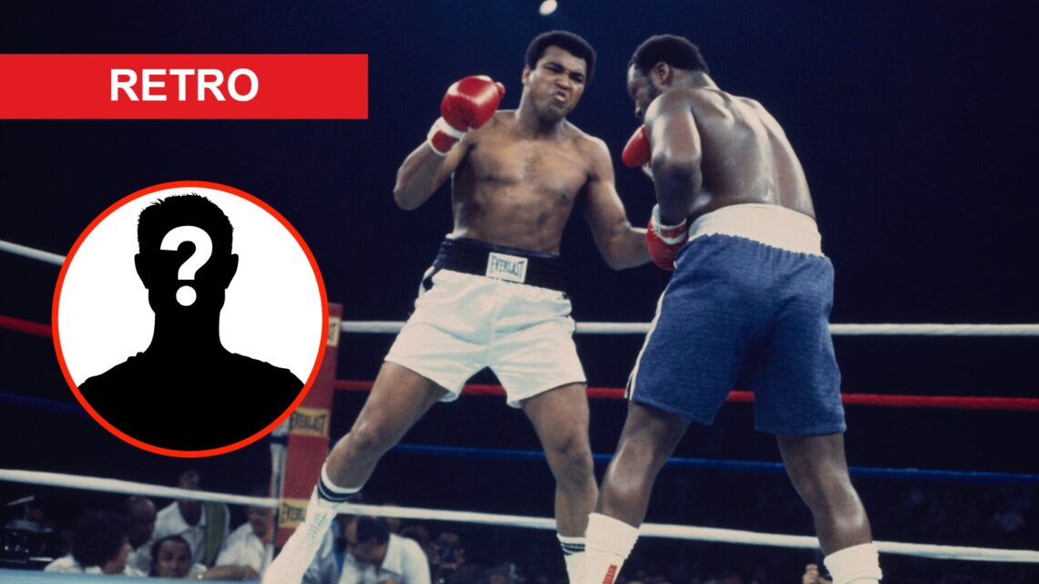 Muhammad Ali throws a left to the body of Joe Frazier with an overlay of a mystery person