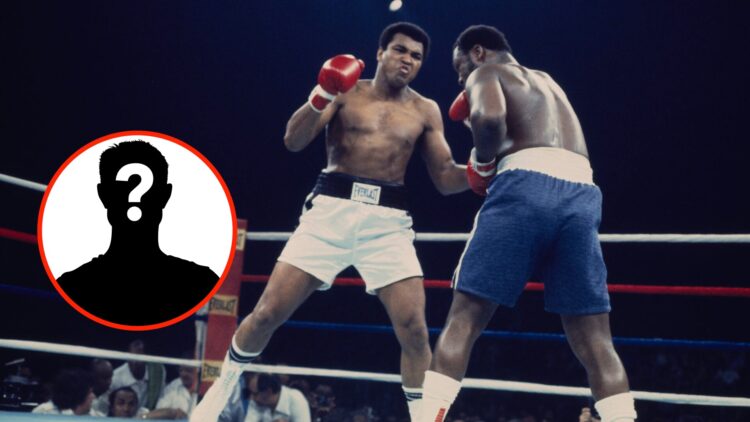 Muhammad Ali throws a left to the body of Joe Frazier with an overlay of a mystery person